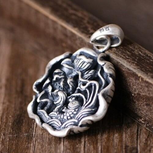 BOCAI New real s990 Silver Woman Pendant Retro Rich and rich with Fish Fashionable Ethnic Style Koi Lotus Necklace Pendant