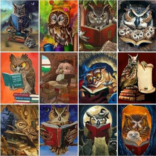 Full Square/round Diamond Painting Owl Cartoon Mosaic Creative Animal Read Book Embroidery Cross Stitch Home Decoration