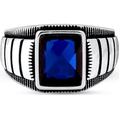 Rectangle Blue Zircon Stone Ring for Men 925 Sterling Silver Small Natural Male Punk Mask Rings Vintage Antique Jewelry Gift