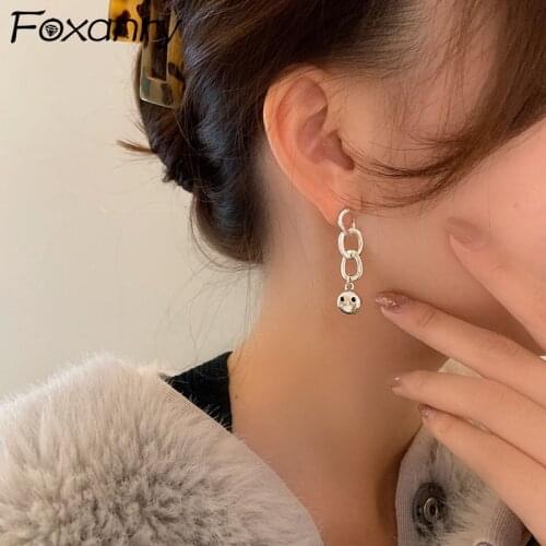 Foxanry Prevent Allergy 925 Sterling Silver Drop Earrings New Fashion Hip Hop Vintage Couples Thick Chain Smiley Party Jewelry
