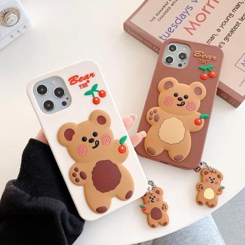 Cherry bear 3D Cartoon silicone Cover for iphone 12 mini 11 pro Phone case For X XR XS MAX 6 6s 7 8 Plus Pendants soft cover