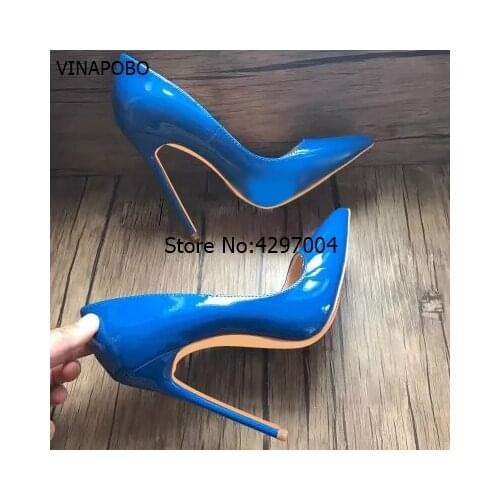 VINAPOBO 2018 New Arrive SEXY Women Shoes Blue Patent Leather Sexy Stilettos High Heels 12cm/10cm/8cm Pointed Toe Women Pumps