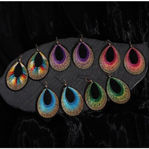 Vintage Embroidery Big Water Drop Green Earrings Ethnic Boho Green Handmade Earrings For Women Brincos