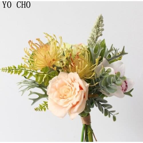 YO CHO Bride Bouquet Artificial Silk Rose Flower Drop Shipping Orchid Pompom Flower Purple Bridal Prom Festival Wedding Supplies