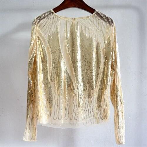 O-Neck Long Sleeve Heavy Embroidered Sequin Beaded Mesh Top See-Through Lace Shirt Women Blouse