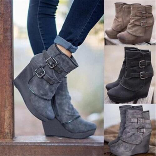 2020 New sexy Wedge Ankle Boots Women For Autumn Winter Fashion Round head Toe heel Zipper Woman Chelsea Boots Plus size 35-43