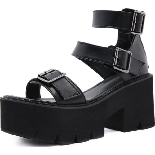 Gothic Buckle Roman Punk Gladiator Womens Chunky wedge Platform Strap Buckle Open Toe Sandals Shoes Black