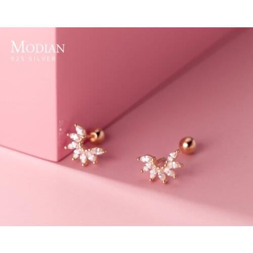 Modian Clear CZ Sweet Lovely Plant Semicircle Flowers 925 Sterling Silver Stud Earring for Women Geometric Ear Pin Fine Jewlery