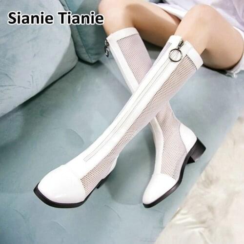 Sianie Tianie 2020 summer new air mesh net breathable zipper front women boots woman shoes hallow cut out female knee-high boots