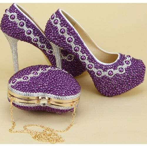 Purple Pearl Beads Womens wedding shoes with matching bags Mix crystal Bride shoes and purse Platform shoes heart Clutch