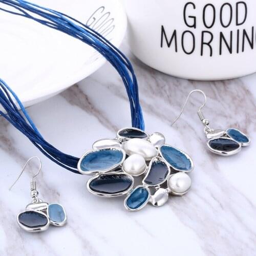 Fashion Gem Geometric pendant necklace earring set leather chocker necklaces women boho jewelry set gift wholesale Price