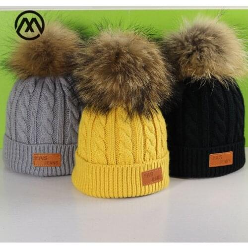 Childrens winter new knit hats raccoon leather hair ball warm comfortable boy girl pompoms loose caps thickening slouchy beanie