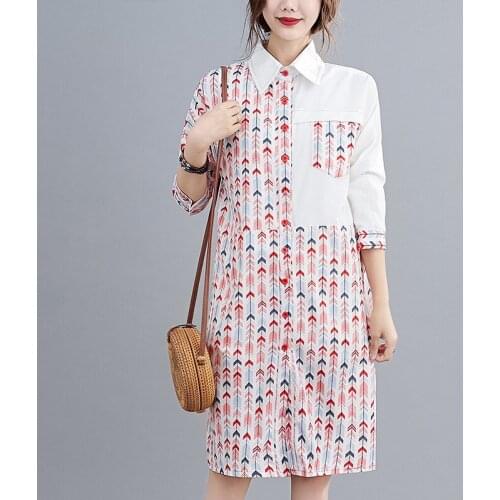 Johnature Casual Shirt Dresses Patchwork Turn-down Collar 2021 New Spring V-Neck Long Sleeve Loose Women Dresses