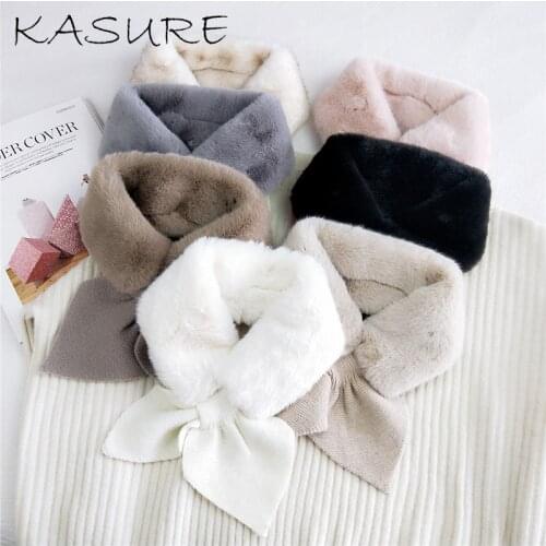 Kasure 2020 New Autumn Winter Faux Fur Collar Neck Warmer Scarves for Women Fashion Crochet Solid Color Knitted Heart Bow Scarf