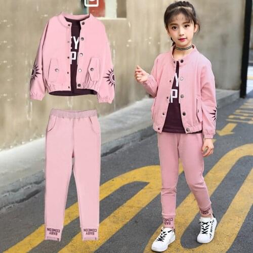 Girls suit spring and autumn 2019 new childrens clothing in the big boy long-sleeved cotton sports suit three-piece