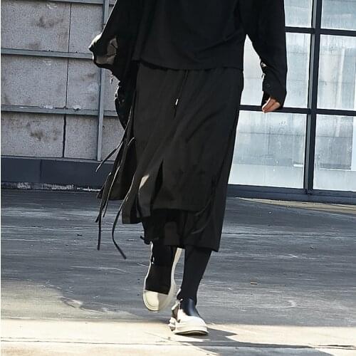 Mens nine split pants Spring/summer Yamamoto Black trend fake two culottes low crotch pants loose mens wide leg pants