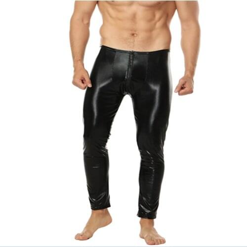 Mens Leather Pants Tights Nightclub Bar Performance DJ Stage Skinny Performance Stretch Leggings for Men Sexy Bodywear Trousers