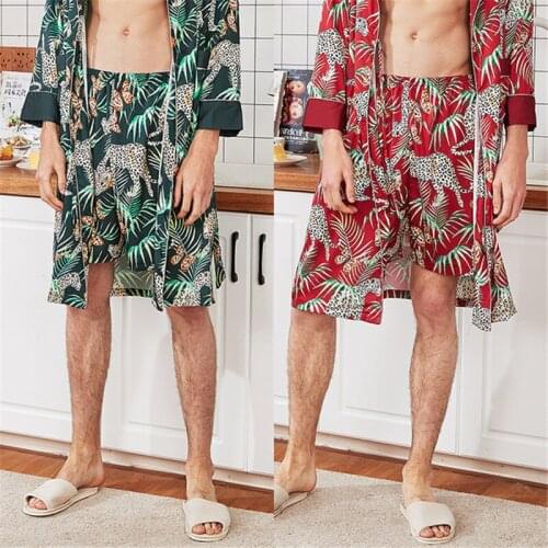 Mens pajamas shorts spring and summer leopard pattern single пижама home pants can be worn outside wine red shorts