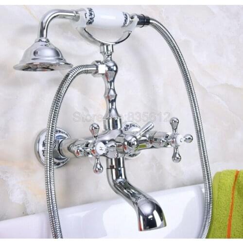 Polished Chrome Clawfoot Bathtub Faucet Set with Handheld Shower Dual Handles Mixer Taps Wall Mounted tna184
