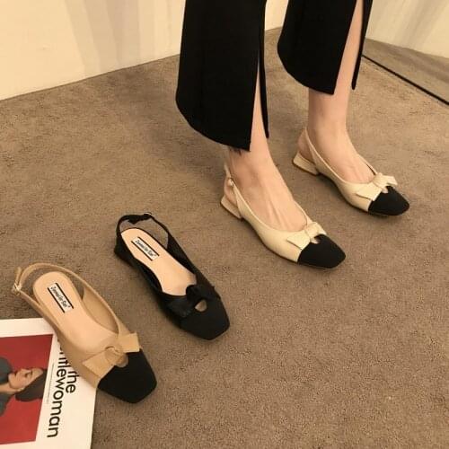 Women Luxurious Heel Color-Blocking Bow Closed Toe Sandals Female Square Toe Back Empty Soft Bottom Gentle Pumps With Bowknot