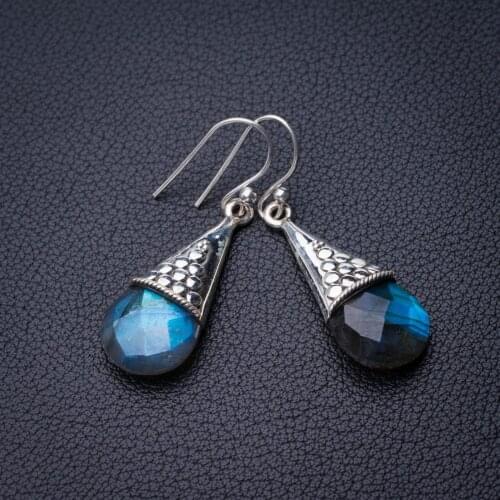 StarGems Natural Blue Fire Labradorite Handmade 925 Sterling Silver Earrings 1.5" D7740