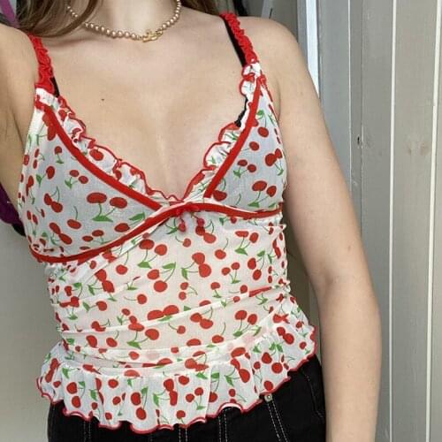 SEASONS Frill Cute Printed Cami Top Women Summer Ruffles Mesh Sleeveless Sexy Crop Tops Tees Transparent Strappy Top ASVE81387