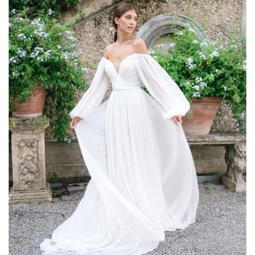 Bohemian Wedding Dress Long Sleeve Off Shoulder Chiffon Beach Bridal Gowns Floor Length Simple 2020 robe de mariage Elegant
