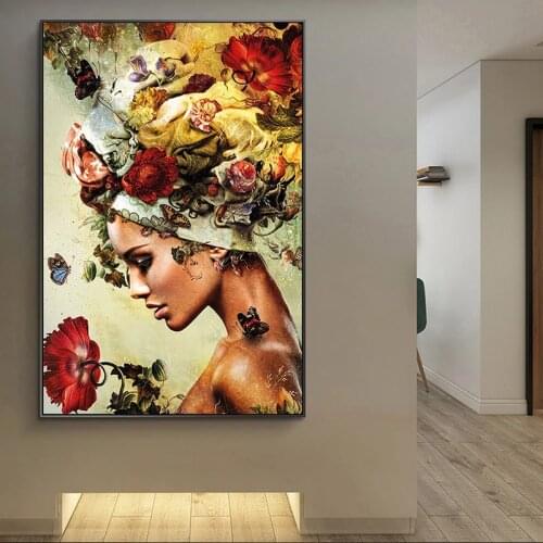 Modern Profile Woman Flower Art Canvas Painting Beauty Posters Prints Wall Art Pictures for Living Room Wall Decoration Cuadros