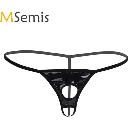 MSemis New Men Exotic Sexy Lingerie Patent Leather Panties G-string Underwear Open Butt Thong Gay Mens Panties with Penis Holes