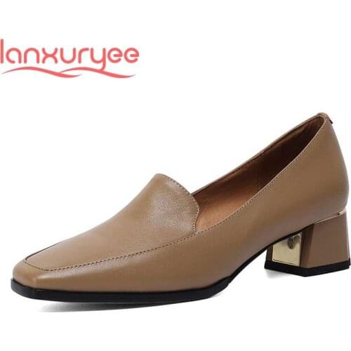Lanxuryee 2021 genuine leather square toe med heel simple style solid gladiator retro fashion deep mouth slip on women pumps L18