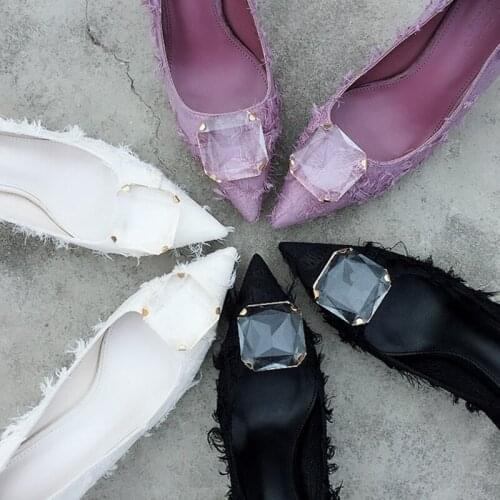 French Style Big Rhinestone Fur Cloth Pumps Woman Thin Heels Pointed Toe Female Sequare Crystal Evening Party High Heels Shoes