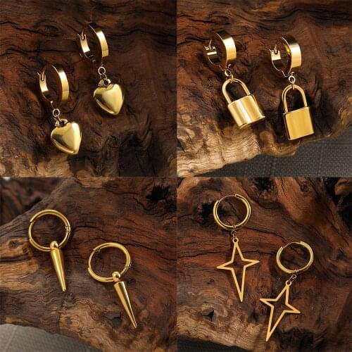 Vintage Gothic Lock Heart Piercing Drop Earring For Women Men Punk Gold Color Stainless steel Cross Ball Pendant Earring Jewelry