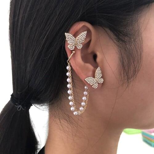 KMVEXO Women 1PCS Clip-on Fake Earrings Earcuff Ear Clip Earrings Pearl Butterfly Without Piercing Hip Hop Fashion Ear Jewelry