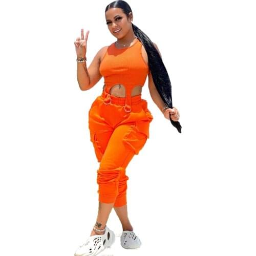 Women Solid Sleeveless 2 Pieces Outfits Summer Casual Sporty Matching Set Ladies Pant Set
