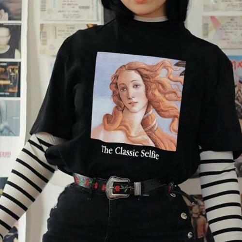 Kuakuayu HJN The Classic Selfie Summer Female Punk Art Print Loose Short-sleeved Black Letter Vintage Harajuku Tops