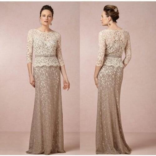 New Arrival Elegant Khaki Lace Mother of the Bride Dresses 2021 Jewel Neck Bow Belt Wedding Party Dresses with 3/4 Sleeves
