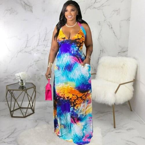 Womens Dress Sexy Tie Dyeing Print Sleeveless Floor Length Dresses Vintage Halter Neck Backless Side Pockets Bohemian Robe