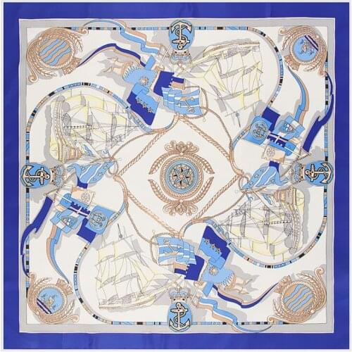 100cm Square 100% Silk Scarf Women Scarf Scarf Handdrawing Sail Boat Foulard NeckerChief Silk Bandana Small Square Silk Scarf