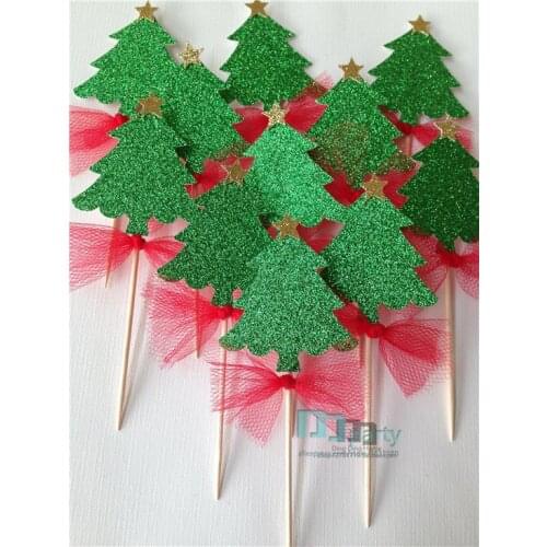 12pcs red bow Glitter Christmas tree cupcake toppers Cupcake toppers. Cake toppers. Christmas decorations. Table decor