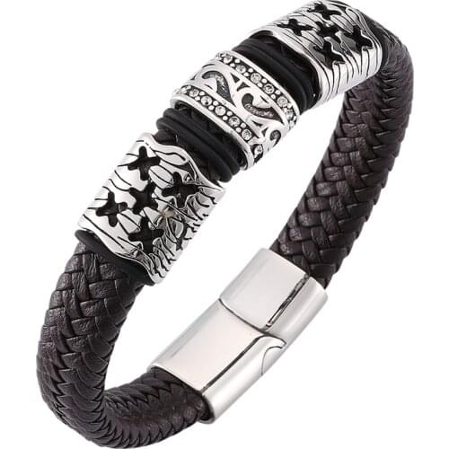 Trendy Jewelry Men Brown Braided Leather Bracelet Punk Stainless Steel Magnetic Clasp Fashion Male Leather Wristband Gift SP0121