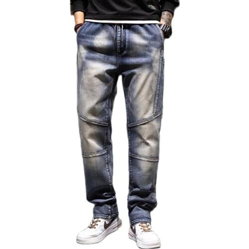 Trend Baggy Jeans Men Casual Denim Patchwork Cargo Pants Streetwear Trousers Plus Size Straight Pockets Elastic Waist Clohting