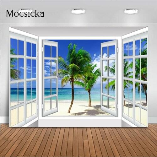 White Windows Sandy Beach Backdrop for Photography Studio Blue Sky and Sea Photo Booth Background Palm Tree Head Shot Portrait