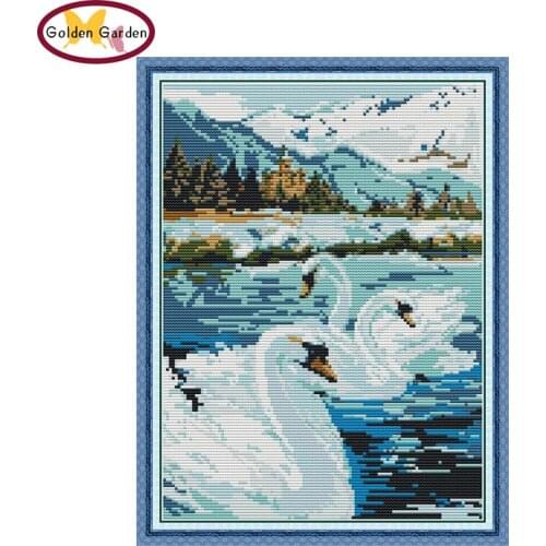GG Swan Lake Animail Joy Sunday Painting Cross Stitch Embroidery Needlework Kit Cotton Canvas 14CT Cross Stitch for Home Decor