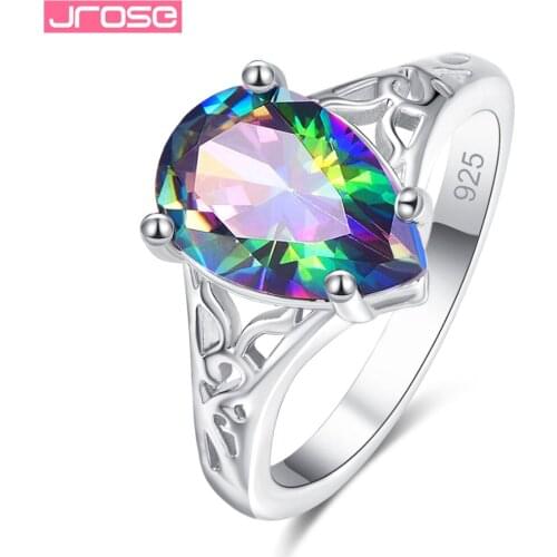 JROSE Wholesale Fashion Pear Jewelry Rainbow Cubic Zirconia Silver Ring Size 6 7 8 9 Free Shipping Women Gifts Cocktail Party