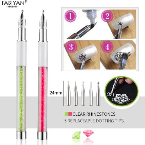 Nail Art Design Pen Brush 5 Dotting Head Nib Rhinestone Crystal Metal Tips Painting Drawing Line Flower Decoration Tool Manicure