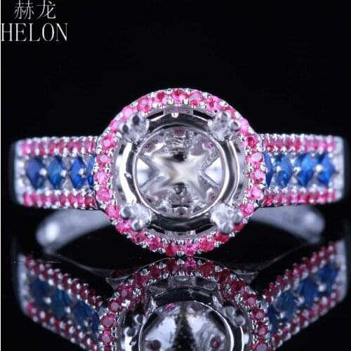 HELON Round 6-7mm Solid 14k White Gold Genuine Sapphires & Rubies Gemstone Semi Mount Engagement Wedding Ring Women Fine Jewelry