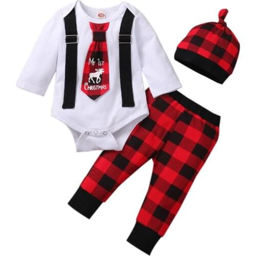 3PCS Newborn Baby’s Suit My 1st Christmas Toddler Boy Girl O-neck Long Sleeve Necktie Romper Red Black Plaid Trousers and Hat