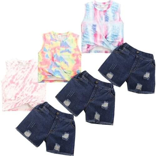 Summer Kids Boys Clothing Set Short Sleeve Sleeveless Tie-Dyed T Shirt Holes Jeans Shorts Little Girl Clothes 18M-6 Years JYF