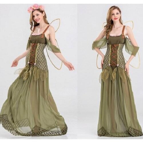 Adult Women Angel Elf Flower Fairy Tinker Bell Costume Halloween Hen Party Fairy Tale Green Forest Cosplay Fantasia Fancy Dress