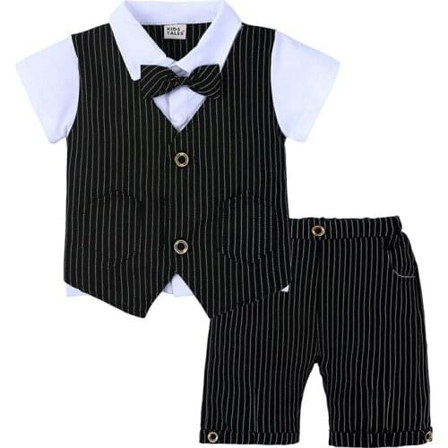 Baby Boy Gentleman Suit British Style Children T-shirts Vest Top +Bow Tie kids Clothes Wedding Wear